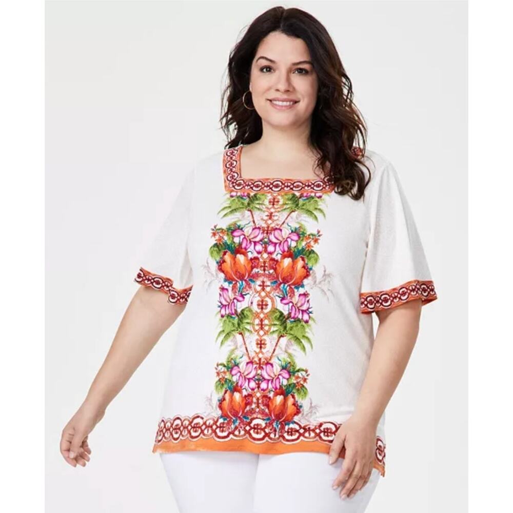 JM Collection Short Sleeve Top Plus Size 1X‎ NWOT Tropical Print Square-Neck New